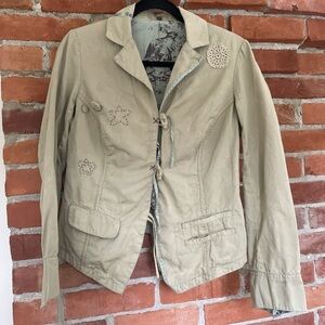Quirky Embroidered Boho Cotton Khaki Lightweight Collar Jacket